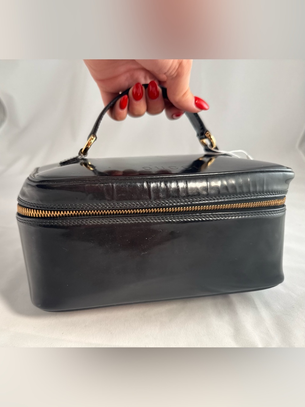 Gucci Vintage Black Patent Leather Bamboo Cosmetic Case